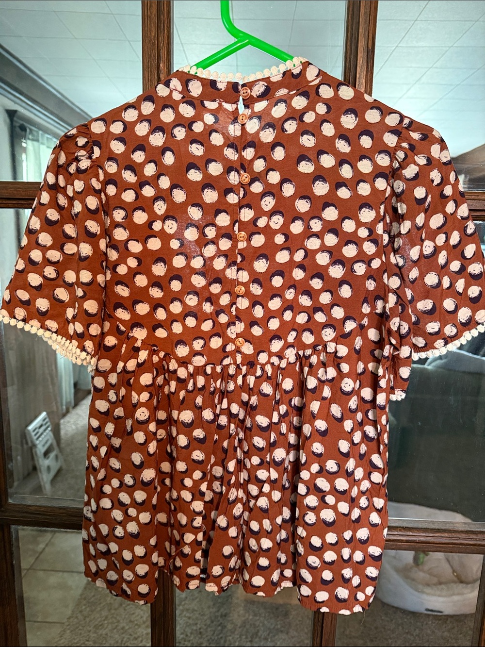 THML Rust Brown Embroidered Babydoll Blouse Button Back Pom Pom Trim Small - Picture 6 of 6